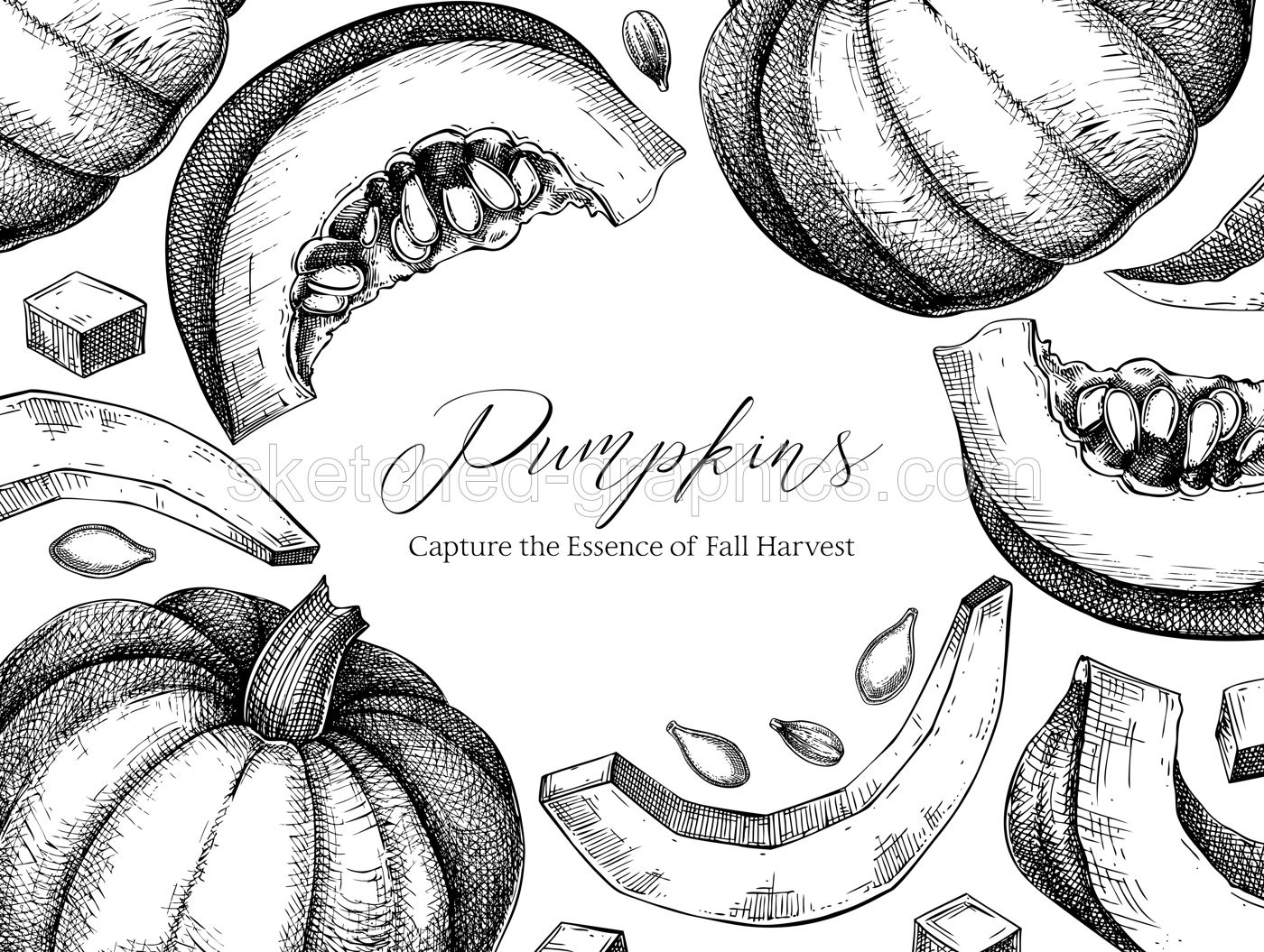 Pumpkin background. Autumn vegetables hand-drawn vector illustrations. Vintage Thanksgiving day frame design. NOT AI generated Illustration
